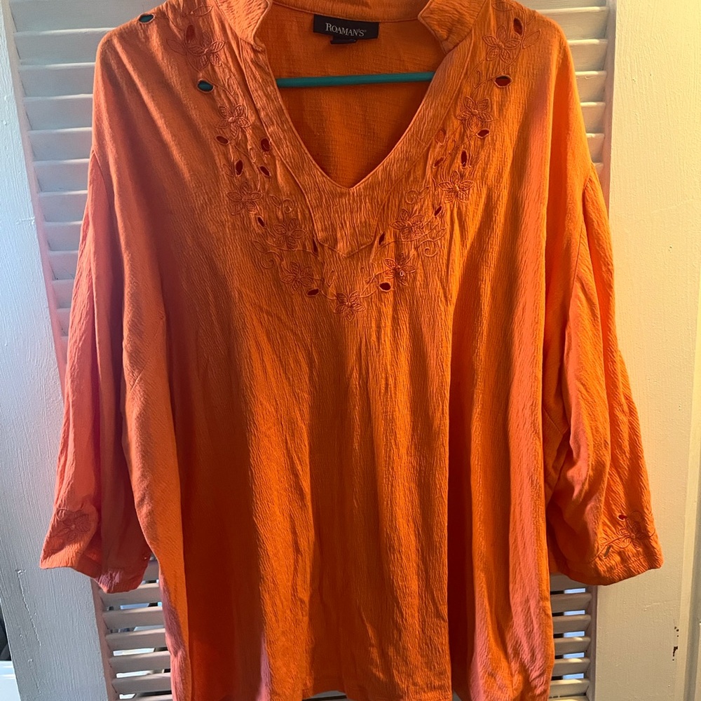 Roaman's Orange Embroidered V-Neck Tunic